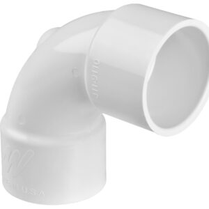 White PVC 90-degree elbow pipe fitting for joining two plumbing pipes (slip-fit)