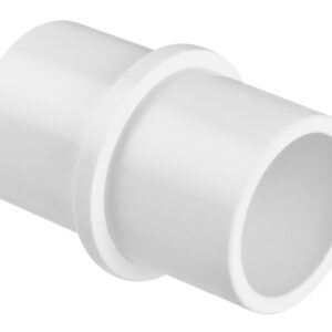 White PVC pipe fitting with two open ends and a central collar for joining pipes.