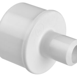 White PVC pipe fitting with a large hub and a short male spigot for joining pipes