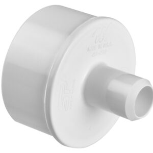 White plastic pipe fitting with a circular flange and a short hollow nozzle protruding from the center