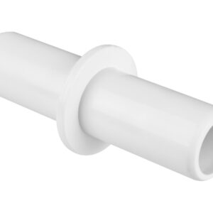 White PVC pipe adapter with a flange, connecting two tubes of different diameters