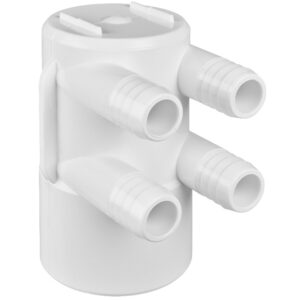 White plastic four-port hose manifold with barbed fittings and a top cap (informational plumbing component)