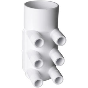 White plastic six-branch pipe fitting with angled outlets (a manifold) used to connect multiple hoses.