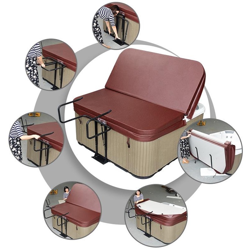 Hot tub cover lifter with side arms shown lifting a brown spa cover from a rectangular tub, with step-by-step insets around it.