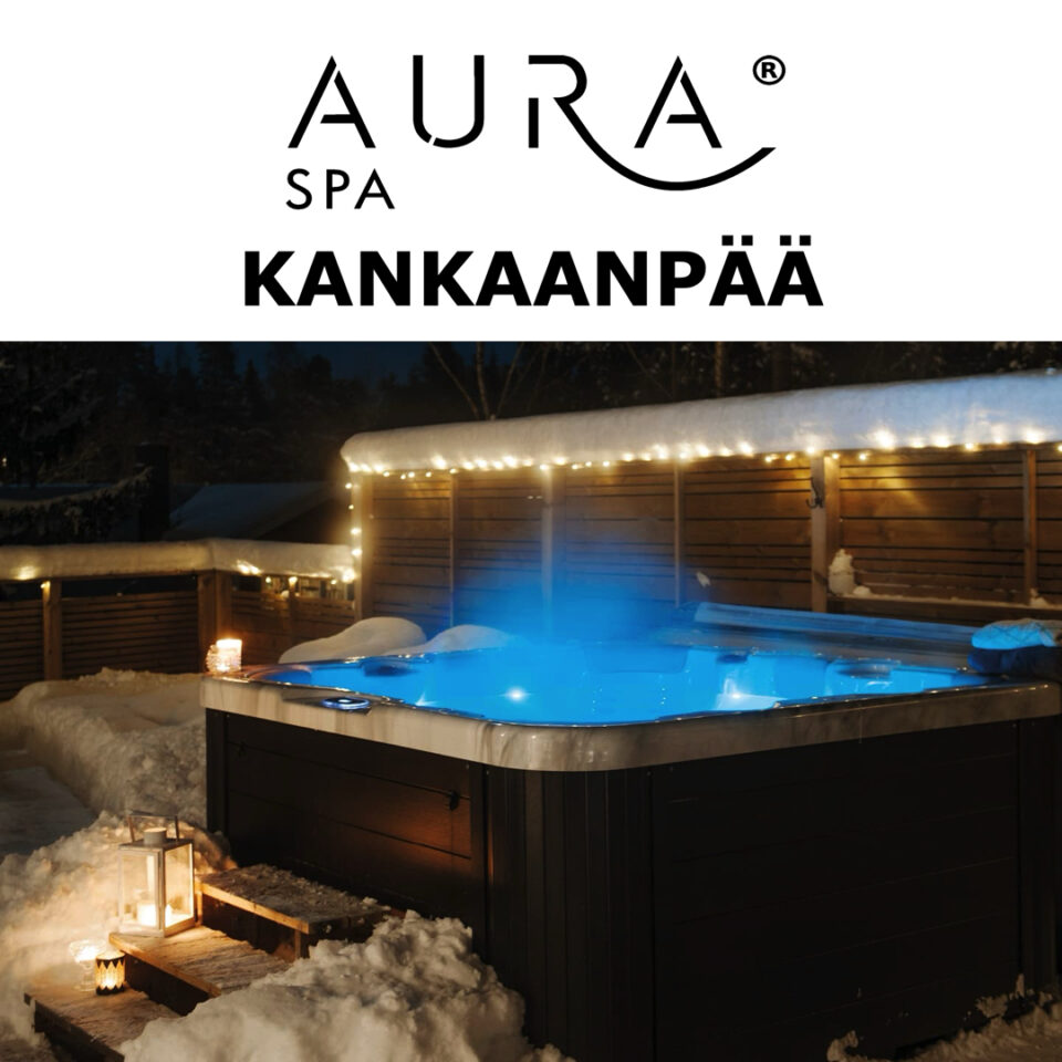 Branding: AURA SPA KANKAANPÄÄ above an illuminated outdoor hot tub in a snowy yard with warm lights at night (blue water).