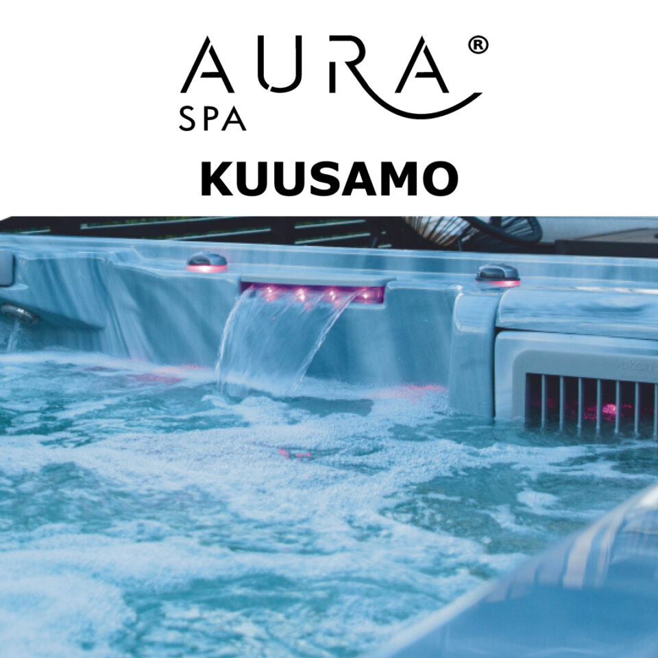 Aura Spa Kuusamo branding logo above a turquoise spa pool with waterfall jets in the foreground.