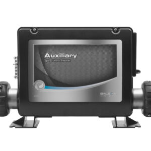 Spa control heater unit labeled Auxiliary with Balboa branding, mounted on a black housing with inlet/outlet pipes on sides and metal feet. Style: industrial.