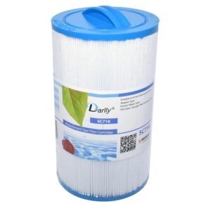 Replacement spa filter cartridge (SC716) by Darlly, white pleated cylinder with blue end caps for hot tubs and pools.