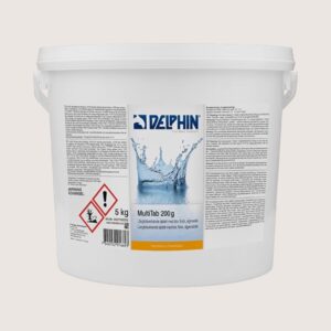 White plastic bucket labeled Delphin MultiTab 200 g, featuring a water-splash graphic and hazard symbols on the label.