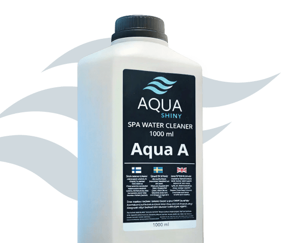 White bottle of Aqua Shiny Aqua A spa water cleaner 1000 ml with blue label and wave logo, against decorative dark blue waves.