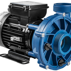 Blue and black industrial water pump with electric motor and mounting base used for transferring liquids.