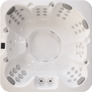 Top-down view of a white hot tub with built-in seating and many jet nozzles around the edge.