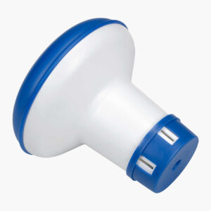 White horn-shaped plastic nozzle with a blue rim and blue base featuring vent-like cutouts.