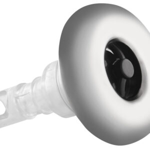 Transparent plastic nozzle with a large white circular suction cup at the end, viewed from the side.