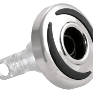 Chrome-plated circular component with black rubber grip sections and a clear plastic stem with a hanging hole.