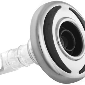 Chrome bathroom sink pop-up stopper with rubber seal, close-up view