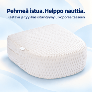 White perforated seat cushion on a light blue abstract background with Finnish slogan: 'Pehmeä istua. Helppo nauttia.' and 'Kestävä ja tyylikäs istuintynyn ulkoporealtaaseen.'
