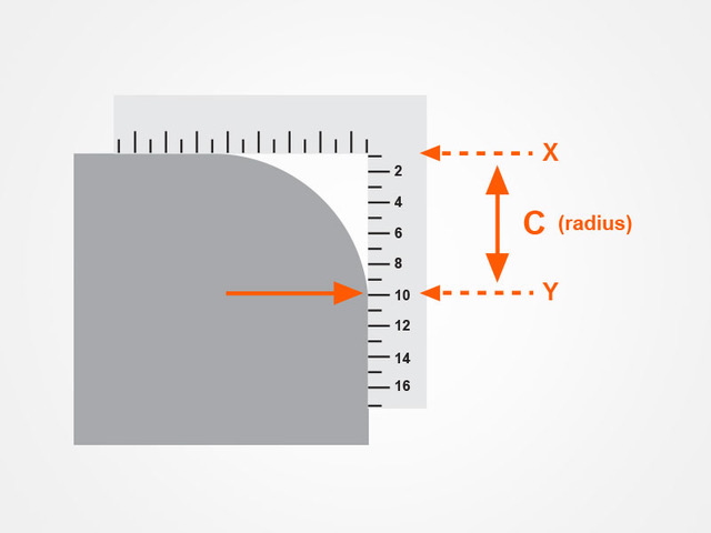 Diagram of a gray square with a rounded corner beside a vertical ruler; orange arrows labeled X (horizontal), Y (vertical) and C (radius) show the measurements.