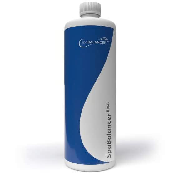 SpaBalancer Basic bottle with blue curved label on a white background, standing upright.