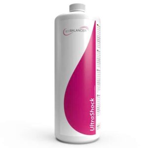 White plastic bottle labeled UltraShock with a pink curved label on a white background, standing upright.
