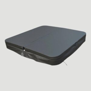 Gray rectangular folding mattress or cushion with a zippered cover and a side pull cord, lying flat on a light background