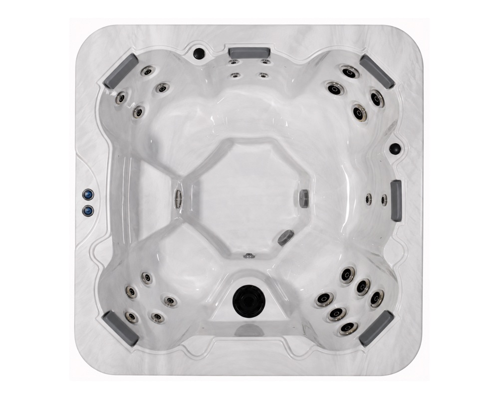 Top-down view of a white square hot tub with multiple seating areas and numerous jets around the sides