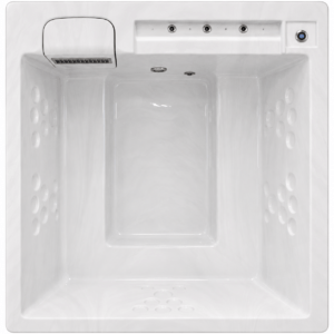 White rectangular hot tub interior with numerous round massage jets along the side walls and a control panel at the rim.
