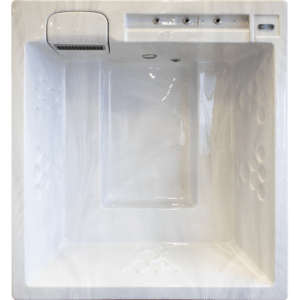 White rectangular whirlpool bathtub with jet nozzles on the sides and a control panel along the top edge.
