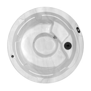 Top-down view of a round hot tub with built-in seating, jets, and a control panel on the rim