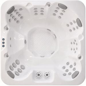 Top-down view of a white square hot tub with rounded corners, featuring built-in seats with numerous jet nozzles around the edges and a textured floor in the center.
