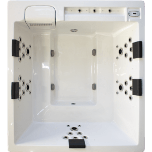 White rectangular hot tub viewed from above with numerous jet nozzles on all sides and built-in control panel in the corner