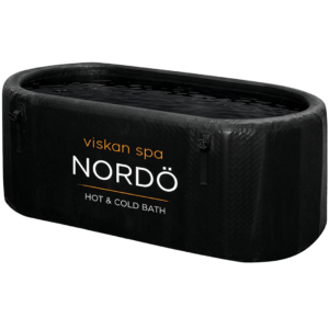 Black oval inflatable hot tub labeled 'Viskan spa NORDÖ Hot & Cold Bath' for indoor/outdoor use, filled with water