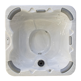 White square hot tub shell with rounded corners, empty interior, and gray corner grips/sponsors on each side.