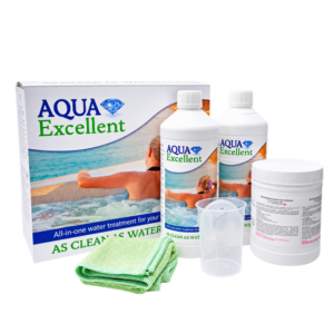 Aqua Excellent all-in-one water treatment kit with two bottles, a measuring cup, scoop, white jar, and a green towel in front of the box.