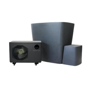 Black home audio setup featuring a tall curved subwoofer and a square vented speaker cabinet on a white background.