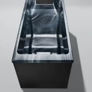 Top view of a stainless steel ice bin with a transparent interior and a small control panel on the top edge (Avantco branding).