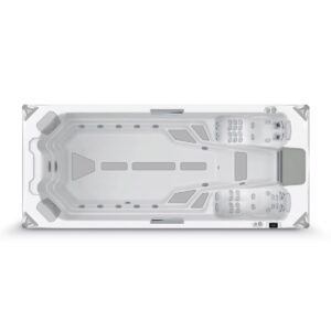 Top-down view of a rectangular white hot tub/spa with built-in seating, multiple jet nozzles, and a control panel at one end.